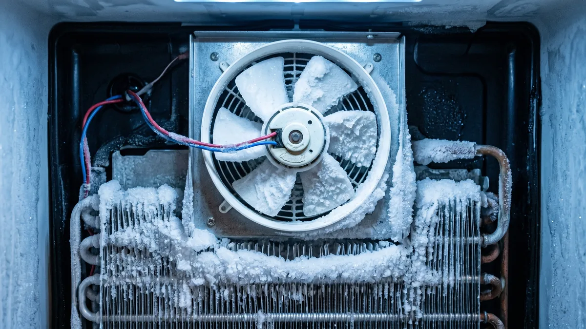 Close up of a refrigerator evaporator fan partially blocked by frost