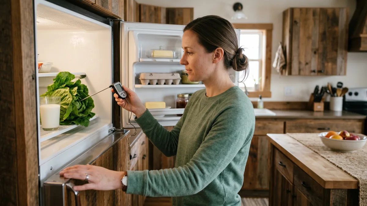 Hand holding a digital probe thermometer inside a refrigerator next to milk and lettuce