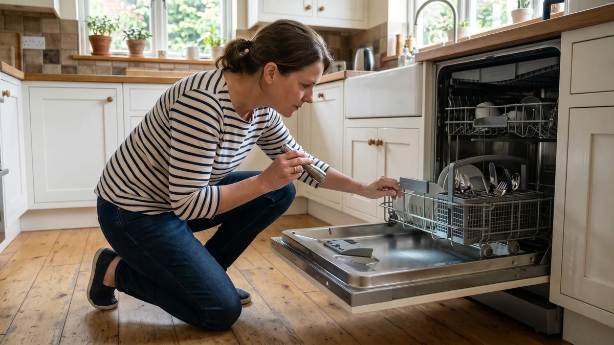Homeowner with a flashlight checking a dishwasher door gasket and spray arm