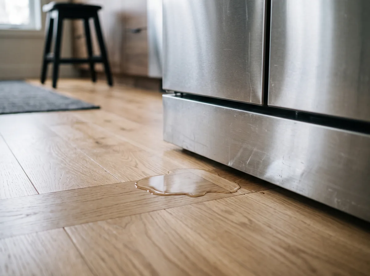 Close-up of water leaking onto the floor at the base of a refrigerator in a home kitchen