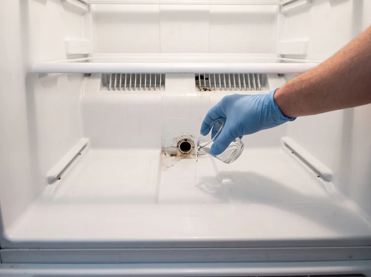 Clearing a clogged fridge defrost drain by pouring warm water down the drain opening