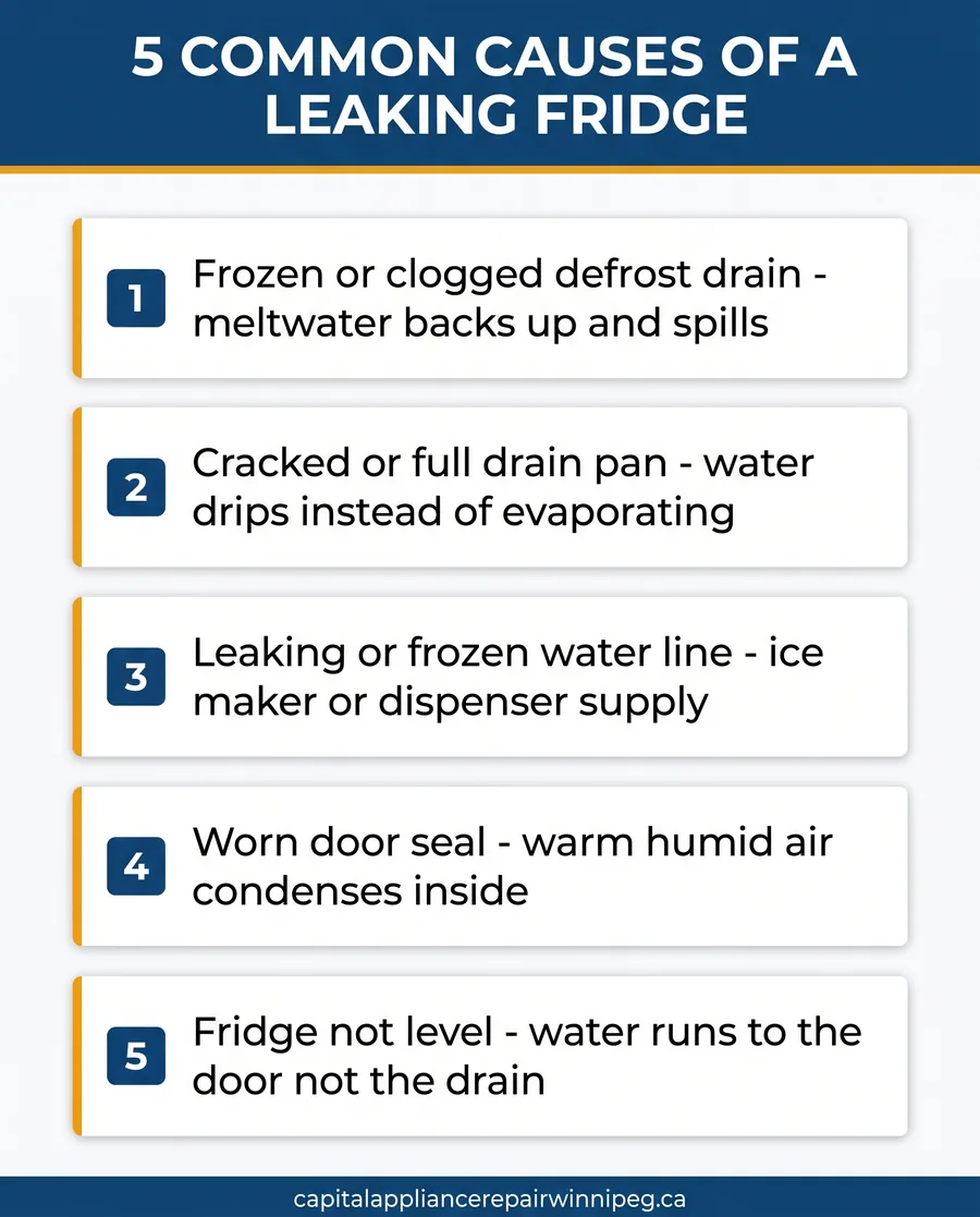 Card infographic of 5 common causes of a fridge leaking water, from defrost drain to unlevel unit