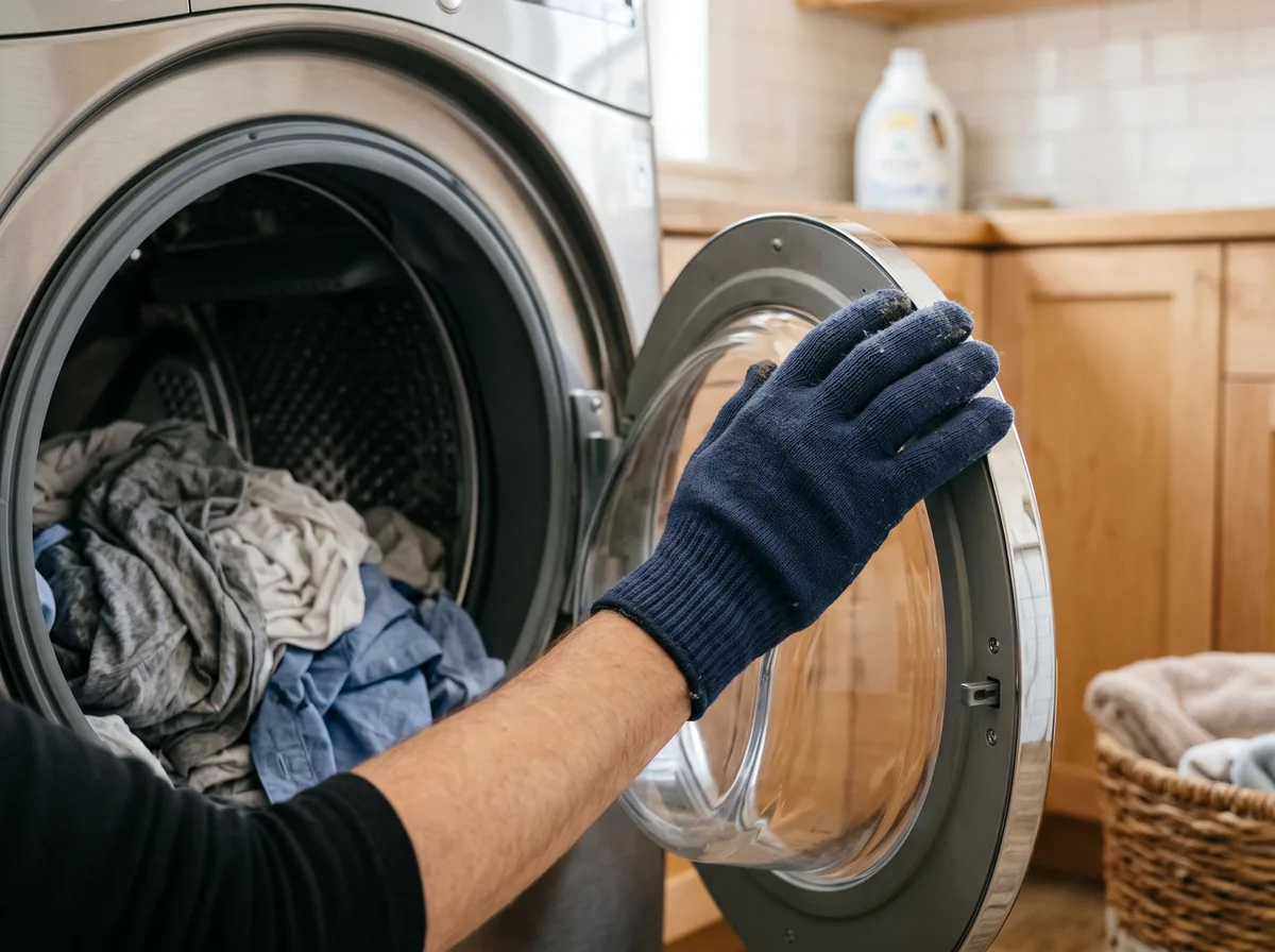 Unbalanced laundry bunched on one side of a front-load washer drum, a common cause of loud spin
