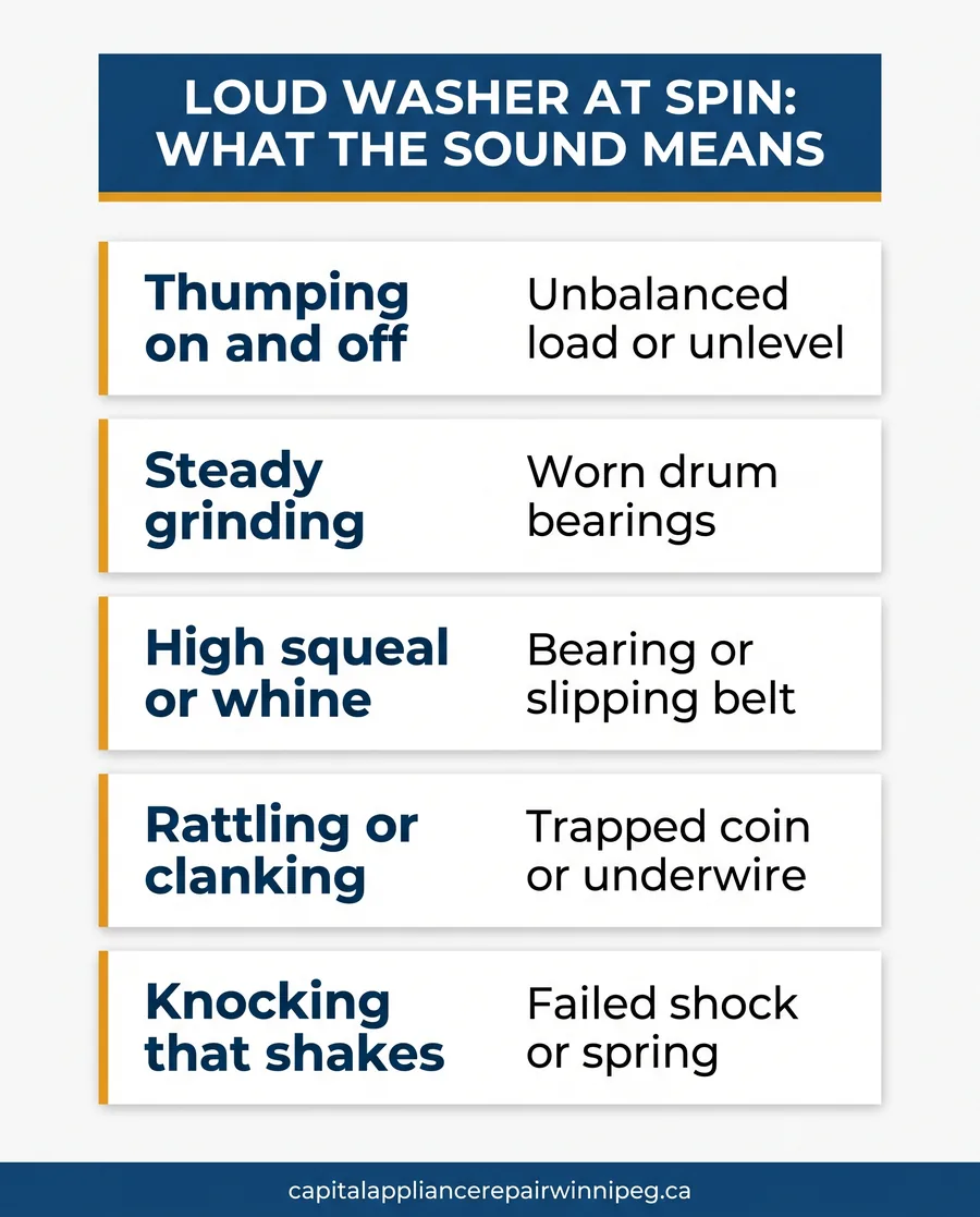 Card infographic matching washer spin cycle sounds to causes, from unbalanced load to worn bearings