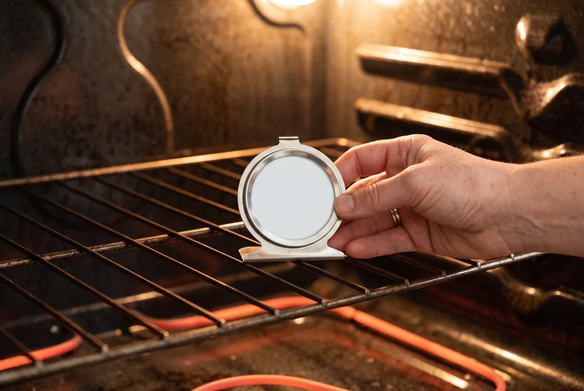 Hand placing an oven thermometer on the middle rack to test for uneven heat