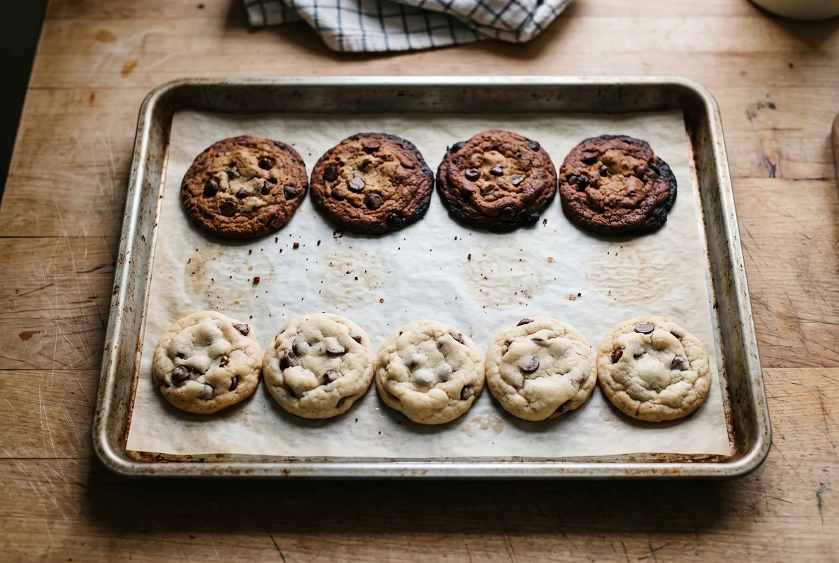 Tray of cookies with one side overbaked and the other pale from uneven oven heat