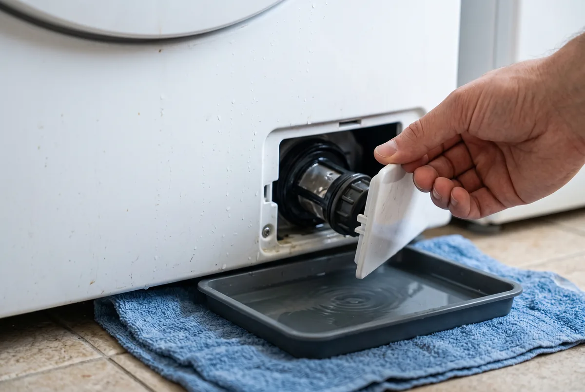Hand opening the drain pump filter panel on a front-load washer