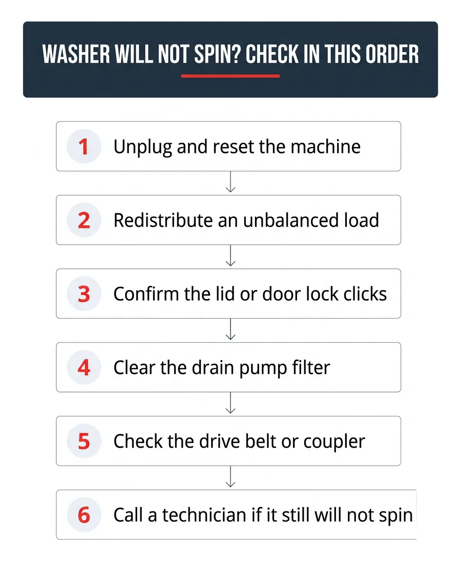 Step by step checklist for a washing machine that will not spin